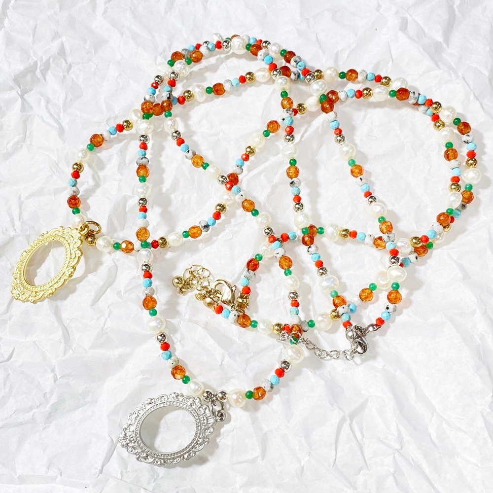 [런디에스] frame agate pearl necklace (2color)