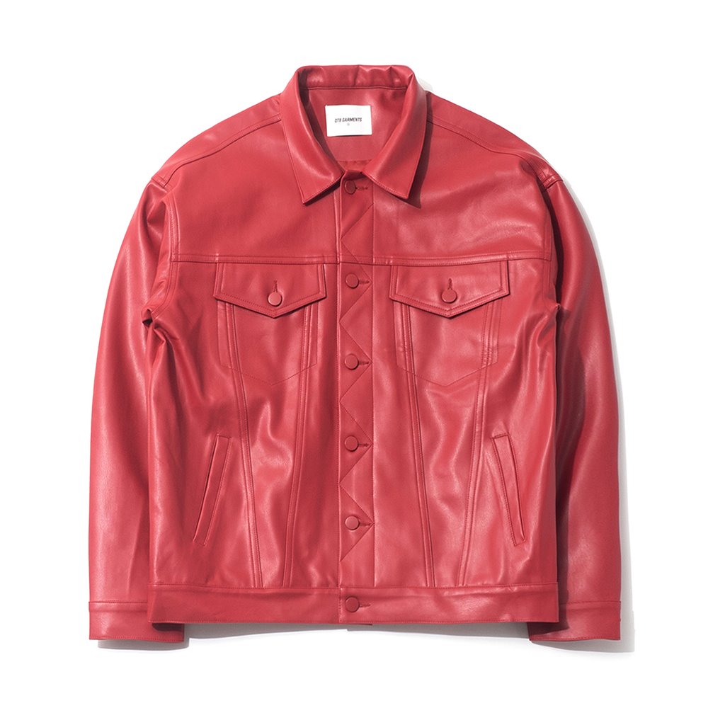 [큐티에잇] MR Vegan Leather Trucker Jacket (Red)