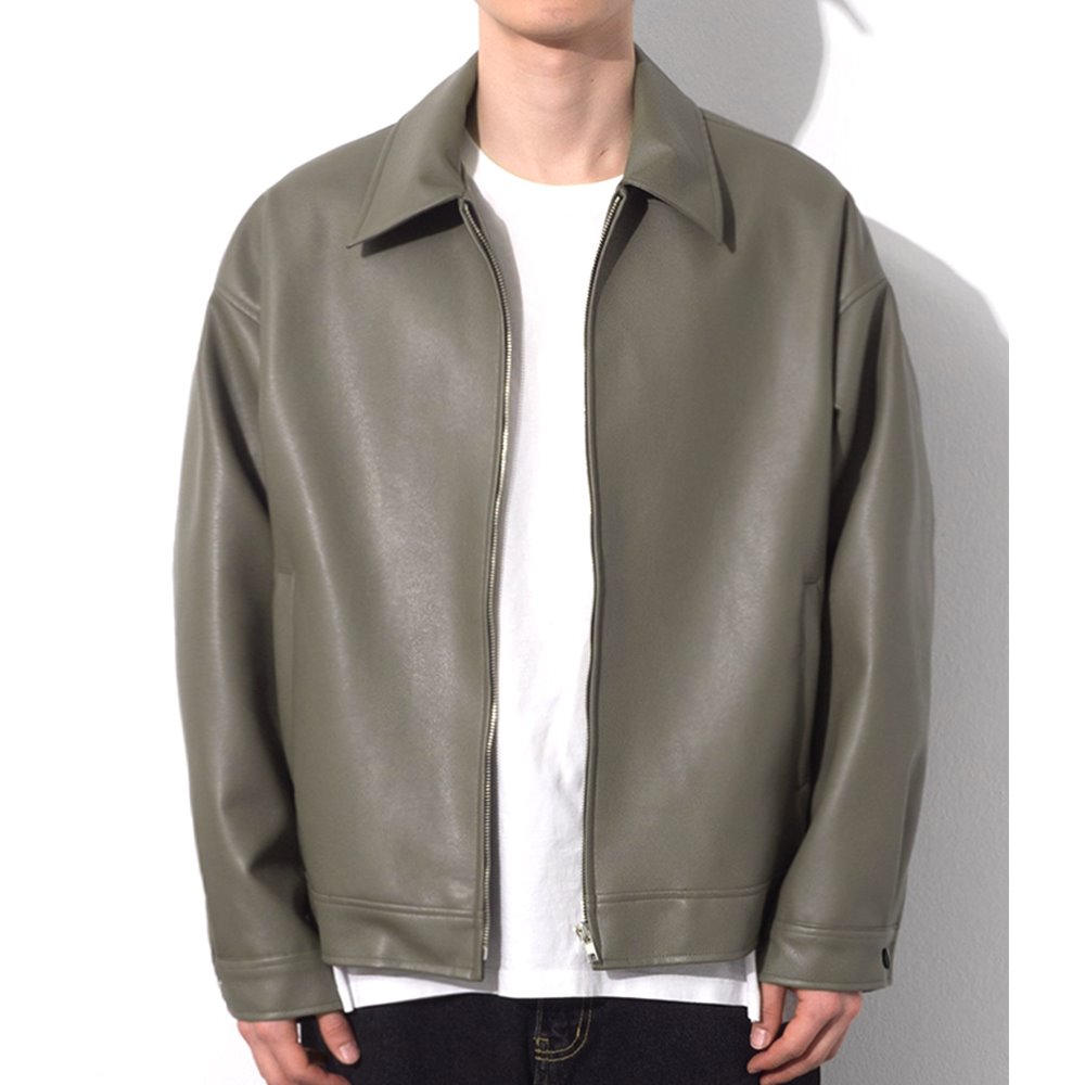 [큐티에잇] WA Vegan Leather Single Jacket (Grey Khaki)