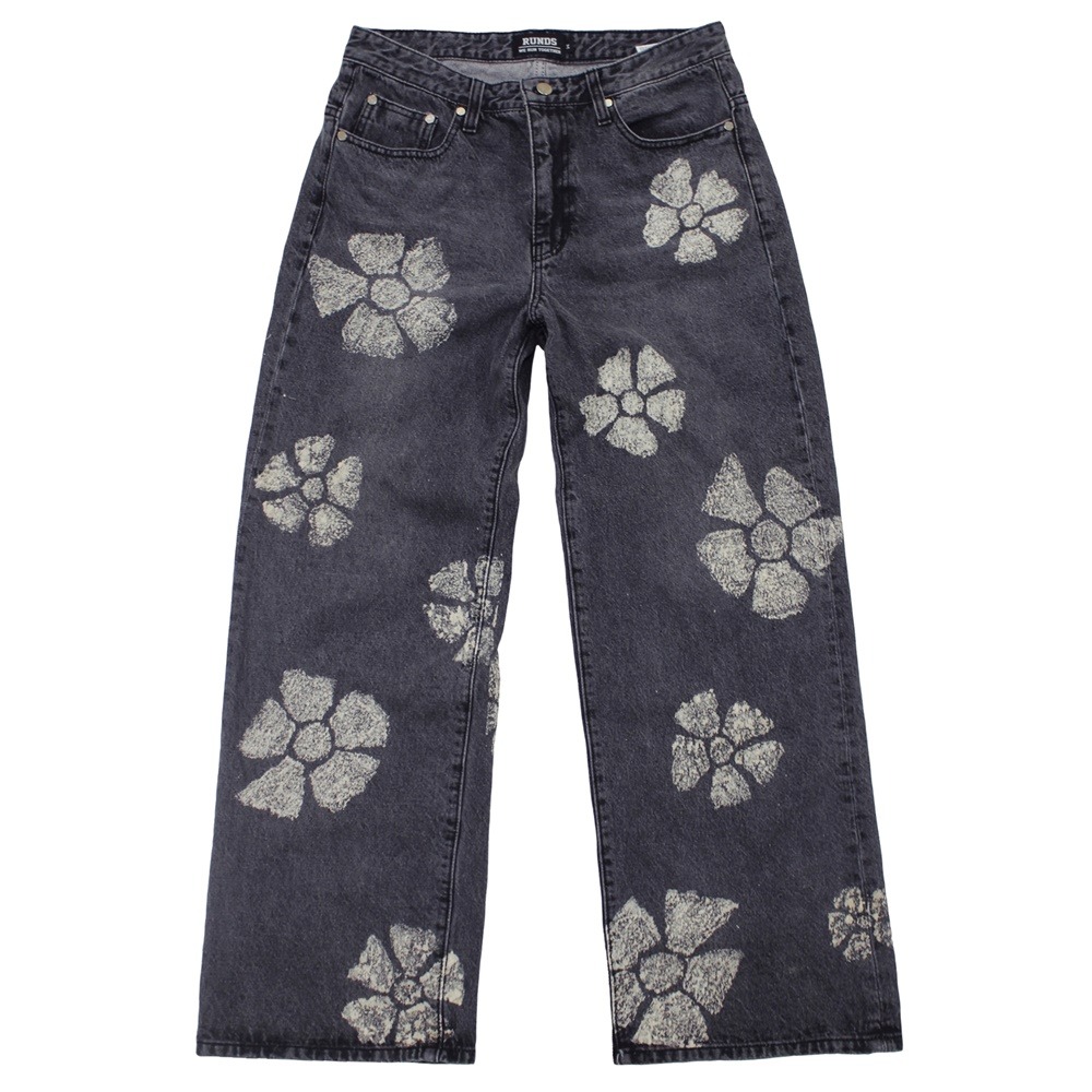 [런디에스] flower bleach wide denim pants (washed black)